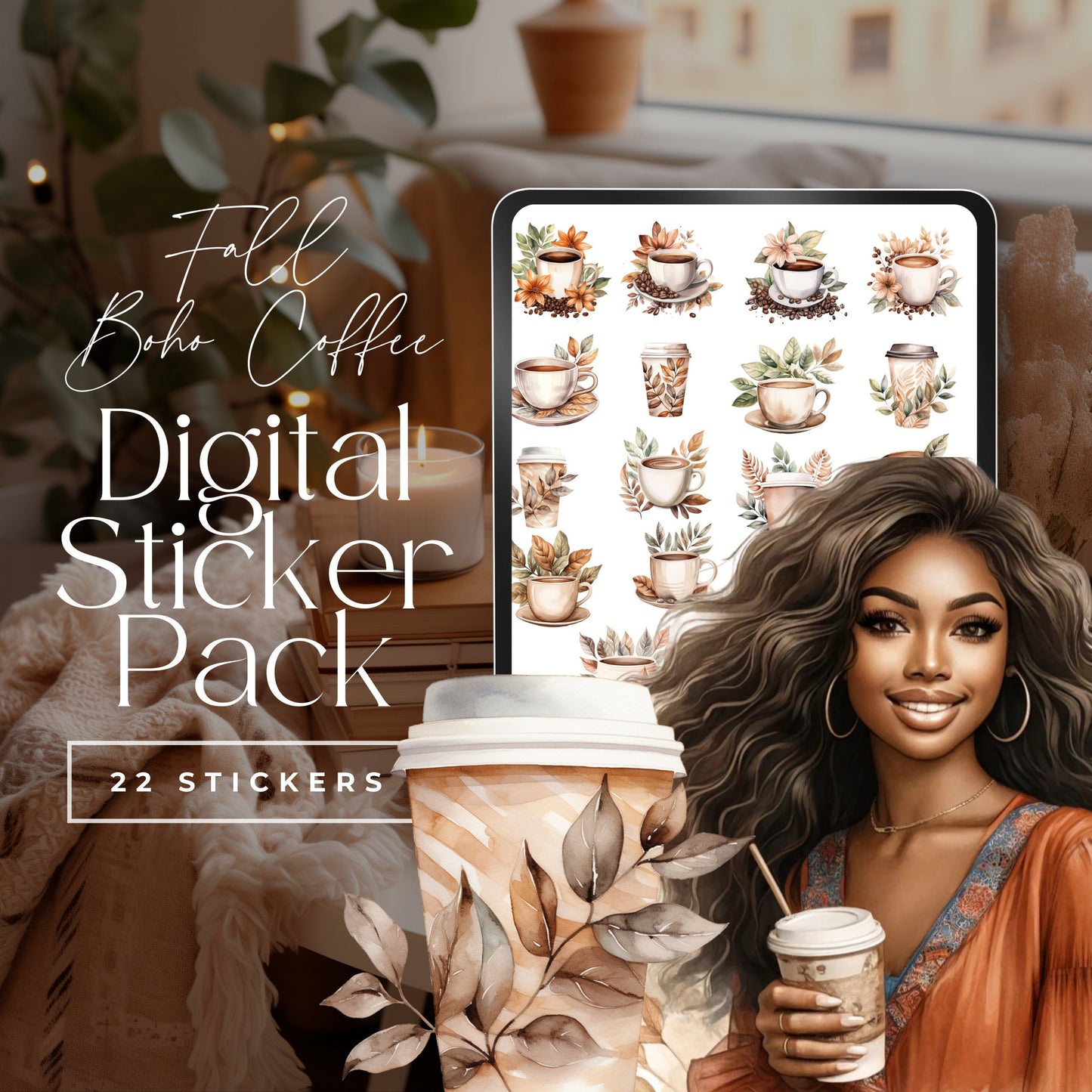 Fall Boho Coffee Digital Stickers