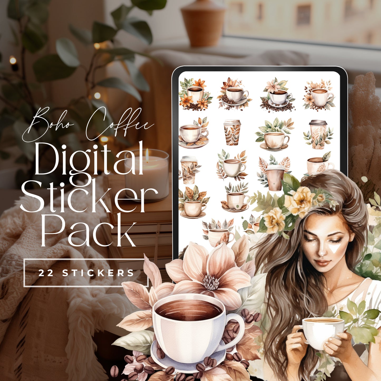 Watercolor Boho Coffee Digital Stickers